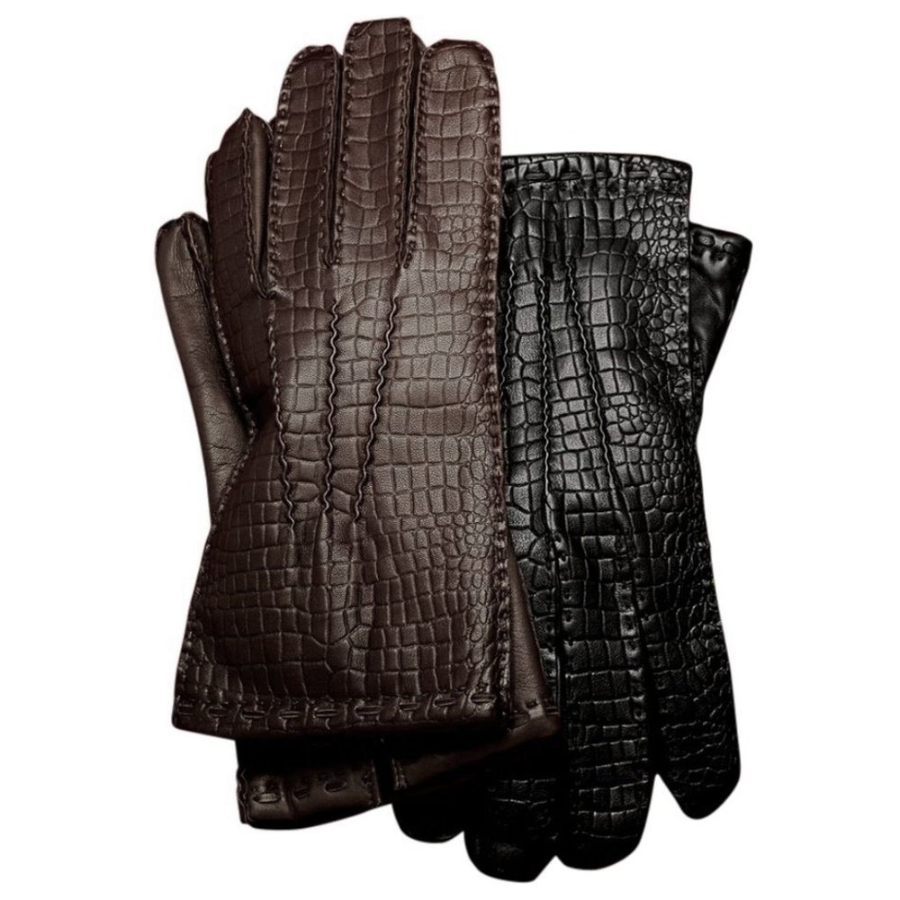 Men’s Croc-Embossed Leather Gloves, Dark Brown - NWT